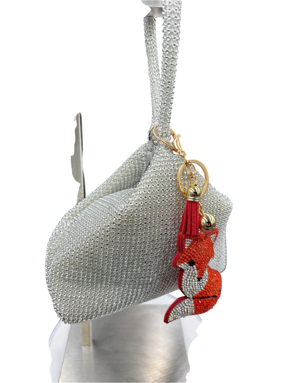 Silver Rhinestone Crystal Mesh Evening Bag Wristlet + Fox Charm Glam - Picture 3 of 7